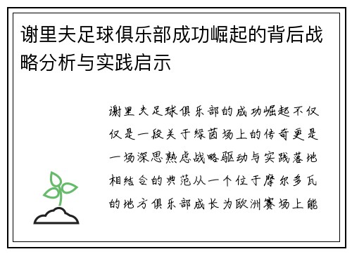 谢里夫足球俱乐部成功崛起的背后战略分析与实践启示 谢里夫足球俱乐部成功崛起的背后战略分析与实践启示